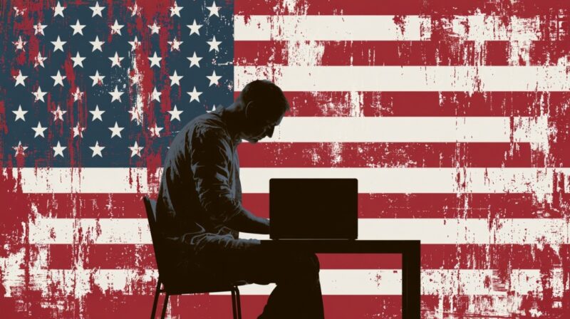 Silhouette of a person working on a laptop in front of a distressed American flag background.