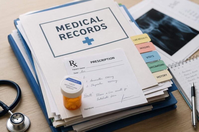Folder with medical records, prescription paper, stethoscope, pill bottle and X-ray on a desk.