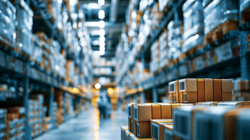 Cardboard packages stacked inside a large distribution warehouse.