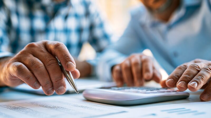 Close-up of hands using a calculator and pen while reviewing financial documents