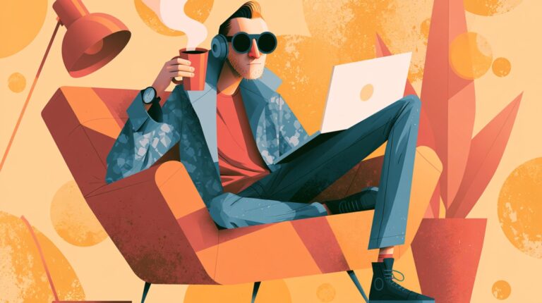 Illustration of a freelancer sitting in an armchair with a laptop, coffee, headphones, and sunglasses.