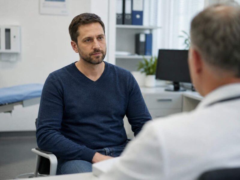 Man sitting in a doctor’s office during a medical consultation.