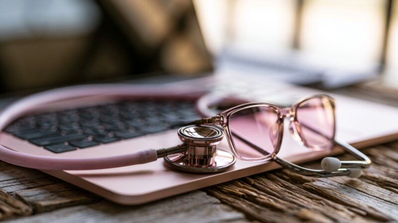 Stethoscope and glasses placed on a laptop, representing health insurance and remote work planning