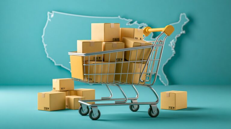 Shopping cart filled with shipping boxes in front of a map of the United States.