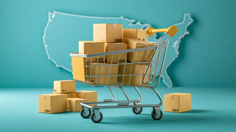 Shopping cart filled with shipping boxes in front of a map of the United States.