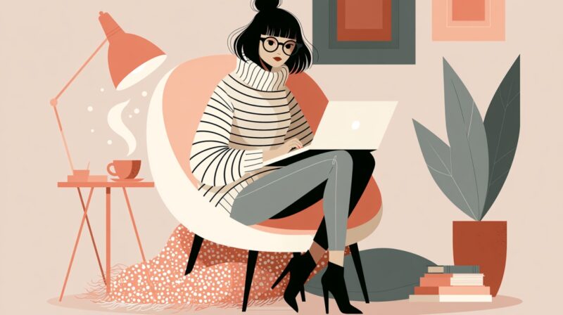 Illustration of a woman working on a laptop in a cozy chair with a coffee cup, lamp, books, and plant nearby.