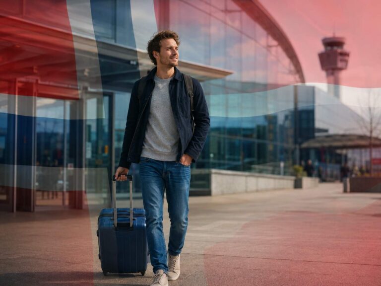 Man with luggage leaving an airport with a soft Norwegian flag overlay.