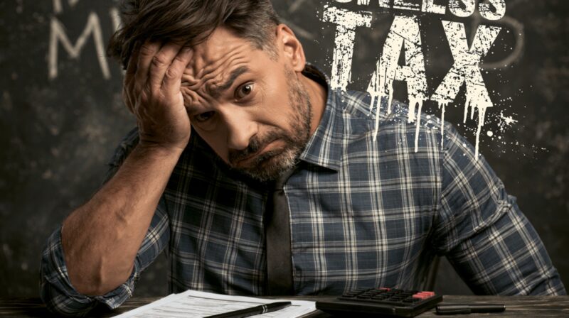 Worried man reviewing tax documents beside a calculator.