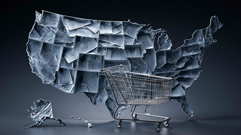 Shopping cart positioned in front of a map of the United States filled with tax documents.