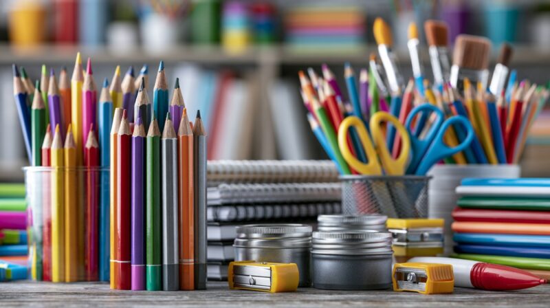 Colorful pencils, scissors, brushes, notebooks, and office supplies arranged on a desk.