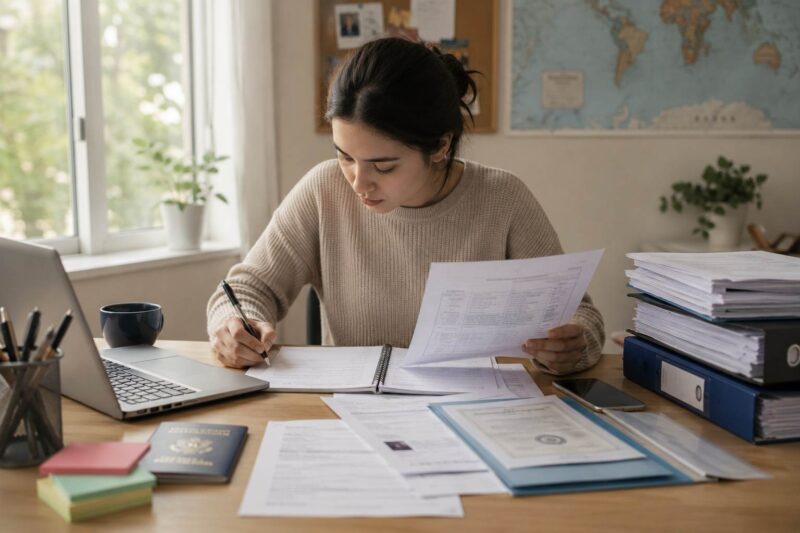 International student reviewing insurance forms beside a laptop and passport.