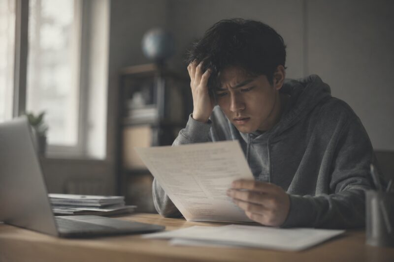 Concerned student reading health insurance paperwork beside a laptop.
