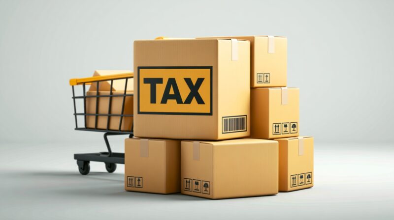 Cardboard shipping boxes marked TAX beside a shopping cart.