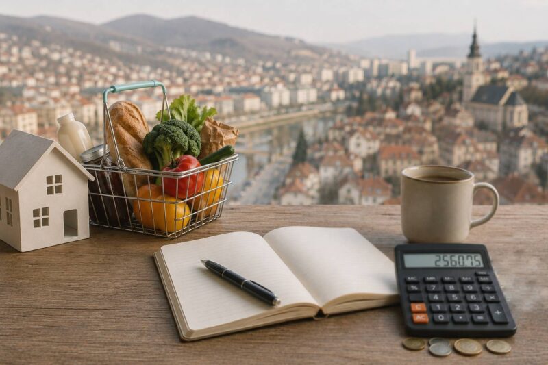 Groceries, house model, notebook, calculator and city view representing living costs