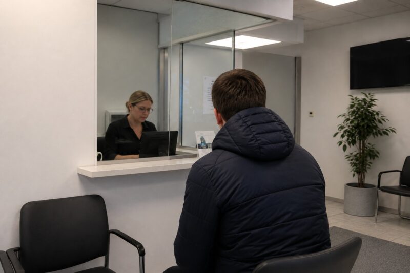 Tourist speaking with staff at a healthcare reception desk.