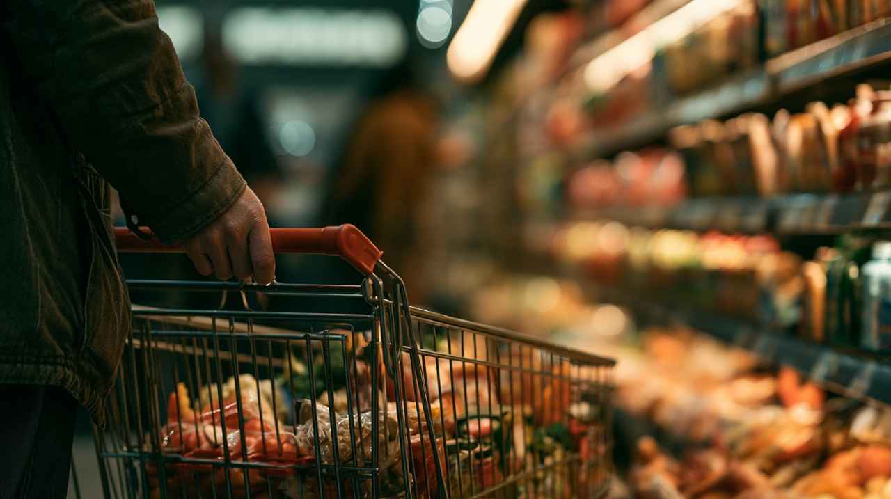 Shopper pushing a cart filled with groceries through a supermarket
