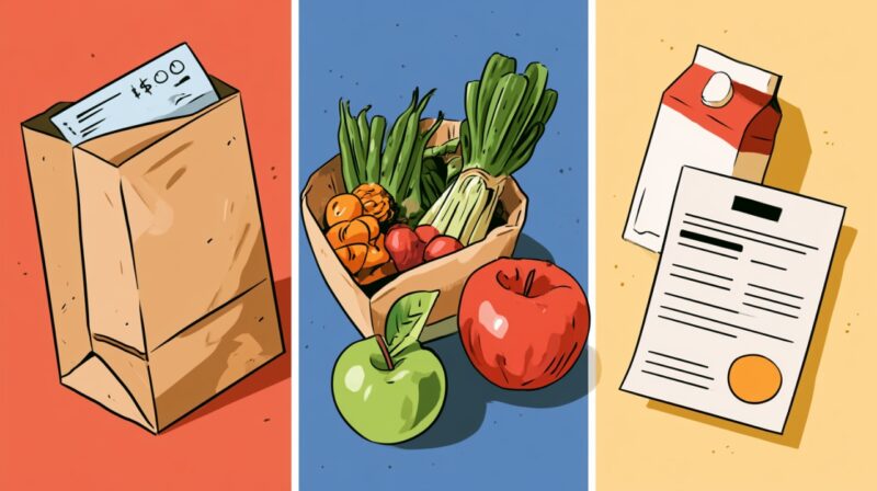 Illustration of income, groceries and household bills shown side by side