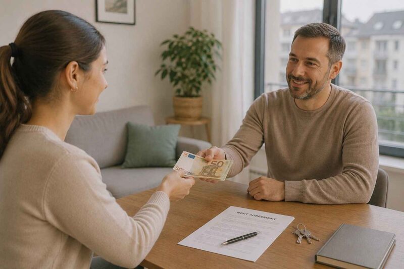 Woman handing rent money to a landlord beside a rental agreement