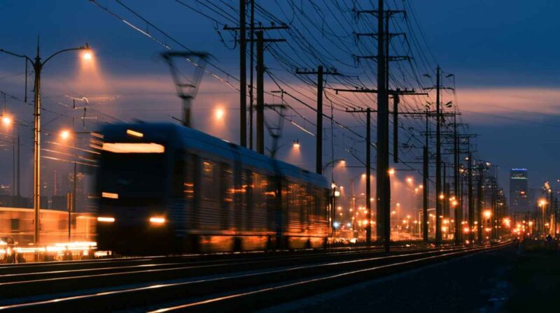 Tram traveling through a city at dusk under overhead power lines