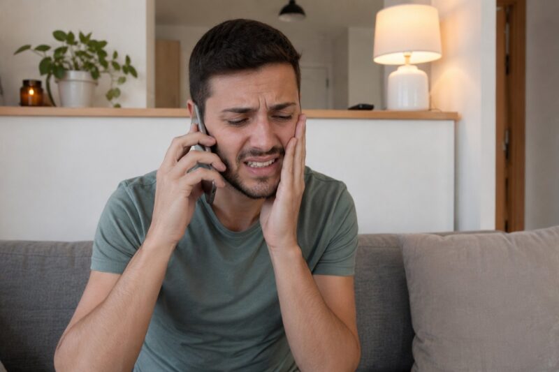 Man with tooth pain speaking to a dentist by phone.
