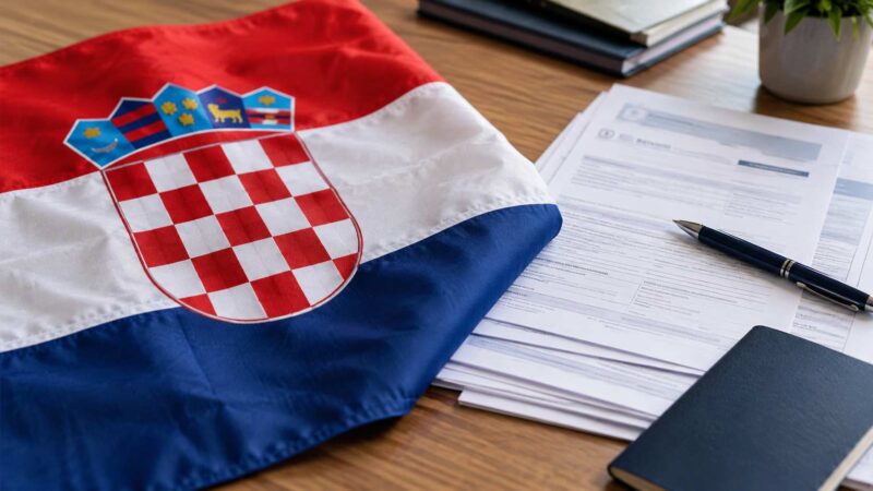 Croatian flag beside a stack of official documents and a pen on a wooden desk.