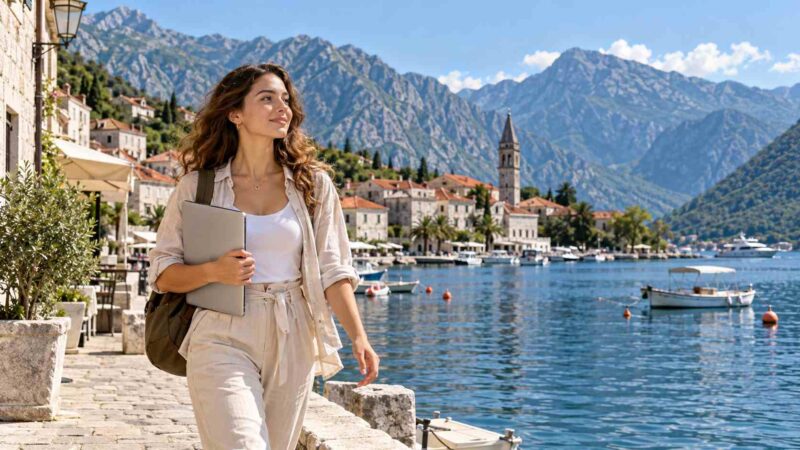 A young freelancer carries her laptop along the waterfront in Montenegro’s Bay of Kotor.