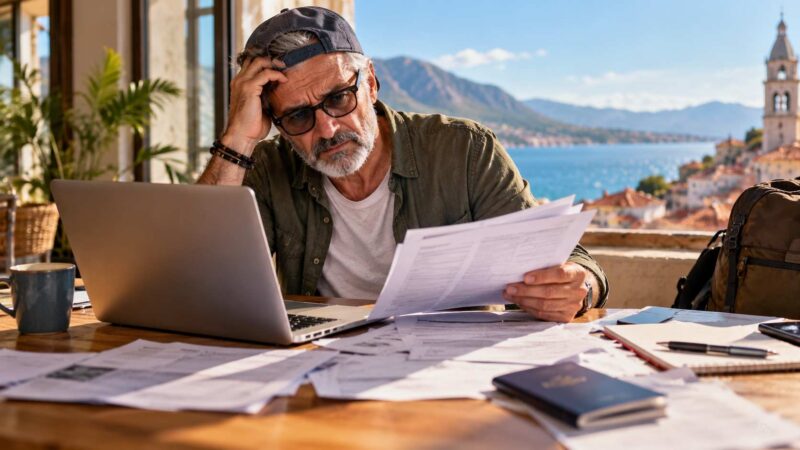 An older freelancer looks frustrated as he reviews paperwork beside his laptop at a seaside café.