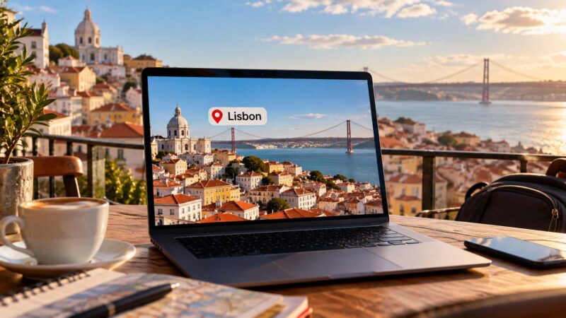 A laptop displays a Lisbon cityscape and location label on a café terrace overlooking the city.