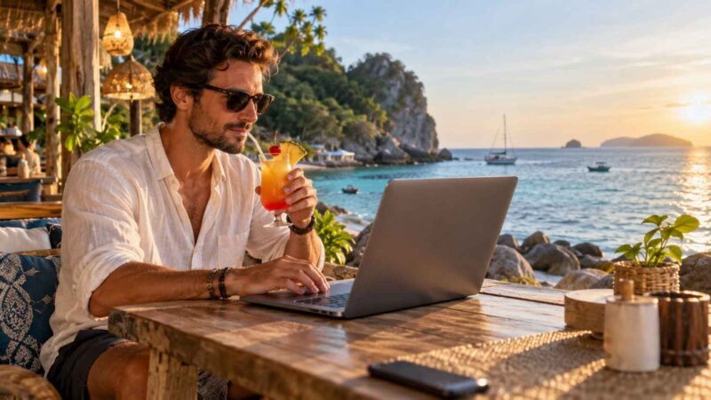 Freelancer works on his laptop and enjoys a cocktail at a seaside café.